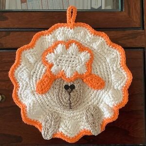 HAPPY BABY SHEEP HAND CROCHETED PLACE MAT POT HOLDER 100% COTTON YARN